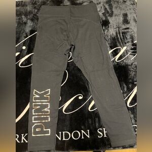 PINK Victoria's Secret Yoga Pants Cotton Leggings in Black with Gold Logo Mesh